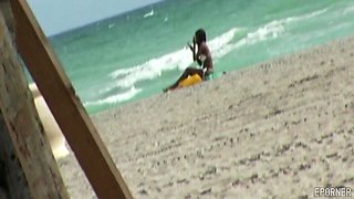 Luscious ebony beauty savors beach pickup in vintage ecstasy