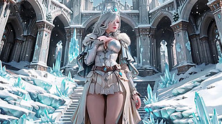 Silver-Haired Ice Queen! Kneeling in the Frozen Castle, her cold armor hides so many secrets. Hand on chest, biting lips...