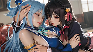 Sfw Aqua and Yunyun From Konosuba Soft Show Touching and Kissing Lesbian