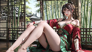 The Red-Robed Goddess in a sun-dappled secret garden, lazily turning her head with golden halos and a coy smile