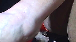 Sensual Blond Secretary Toe Tapping Her Heels in Red Sexy Outfit
