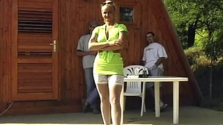 Blonde Sucks and Rides Two Cocks Outdoors