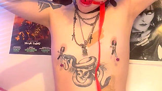 Goth Girl Naked Ballgag Collared Nip Clamps Rides Dildo