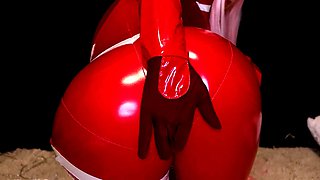 Femdom MILF vixen in red latex bodysuit plays with herself