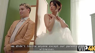 Slutty friend's bride seduce beautiful brunette in the wedding dress with sex toy and hot tongue