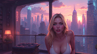 2099 Olivia in the Future Suggestive Teasing showing her Ample Cleavage Part 1
