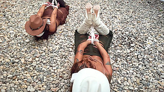 Crook Girls Tied Tight. Two Powerless Cowgirls Cleave Gagged to a Tree and Rough Ropes Hogtie