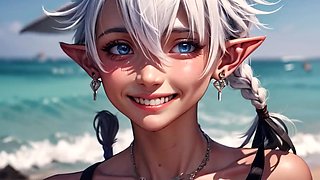 Final Fantasy Al generated Alisaie poses naked on the beach and takes cum on ass and face