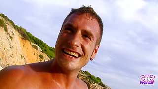 She teases a guy on the beach with her wet shirt and got fucked hard.