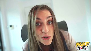Faux hostel - young backpacker swallows exclusive potion which makes her breasts grow large!