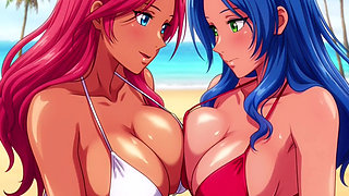Two busty girls enjoy lesbian sex at private beach vacation