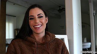 Sexy adult model Gia DiMarco gives an interview after glory hole scene