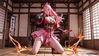 Pink-haired warrior kneeling on tatami, high-slit kimono slipping to reveal snowy thighs.