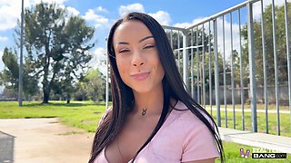 Busty Brunette Babe Cara Mella Rubs a Big Cock With Her Tender Feet, Before Taking It In Her Cunt