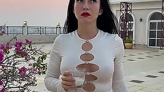 Outdoor Pussy Flashing, Pee in the Glass, Spit, Ahegao, Fake Cum on My Tits & Body