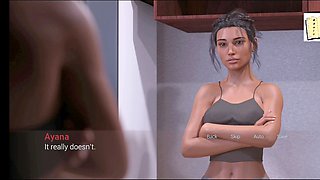 Risque visual novel game featuring a petite brunette with big tits