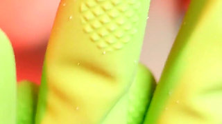 Hot pussy masturbation of horny MILF in rubber household gloves