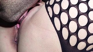 Im wearing my fishnet stockings and he cant resist, he has to lick my shaved pussy until I cum... Im so wet