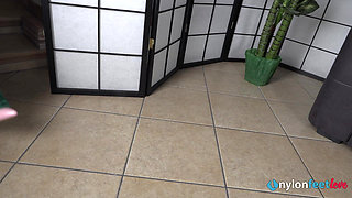 Outstanding Brunette Beauty Thena Pleasing Your Eys with Her Amazing Feet in Sexy Pantyhose