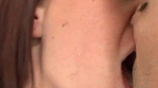 Beauty redhead in fishnet gives erotic blowjob