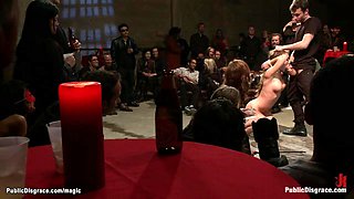 Busty slave fucked in crowded place