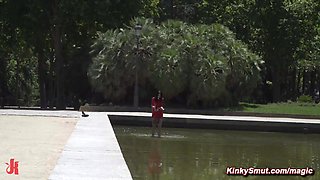 Slave on a leash gang nailed in public