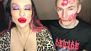 Juicy Sticky Loud Aggressive Kisses All Over a Guy's Face with Red Lipstick