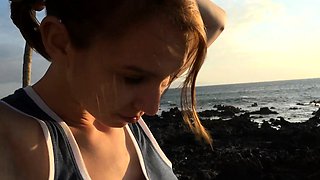 Tanned amateur teen brunette with pale