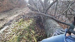 Solo female masturbates outdoors near the road