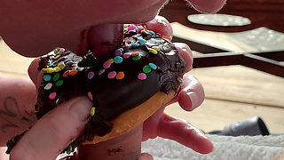 Eating Black chocolate Cock cum covered donut & sprinkles