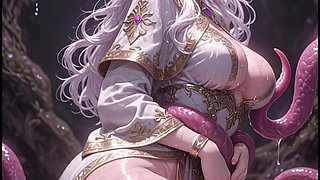 White-haired elven priestess with worm monster, anime hentai