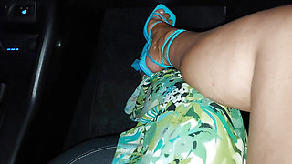 Mature stepmom with sexy legs in heels in the car with her younger stepson