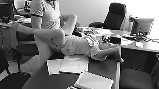 The boss fucks his tiny secretary on the office table and records it with a hidden camera