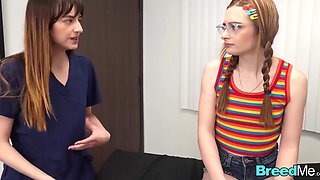 Nerdy red head with pigtails gets pregnant after pussy examination