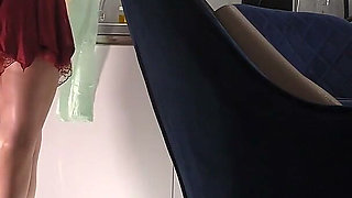 Thick Calves Braless Big Tits All Natural Blonde Wife in the Kitchen Showing Her Panties Under Her Miniskirt