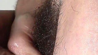 Side View of Really Close up Handjob to His Big Veiny Cock N' Big Hairy Bush.cumshot on Her Hands N' Cum Dripping From Her Nails