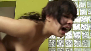 Stomach punching -hard punching by 2 dominas and slave little Julie