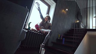 Gorgeous tattooed girl fucks her ass with a big dildo