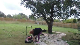 Nurse Vicki Mowing Grass dressed then topless