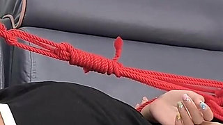 A Young, Beautiful, Slender, and Adorable Girlfriend, with Black Stockings, Red Strings, and Restraints