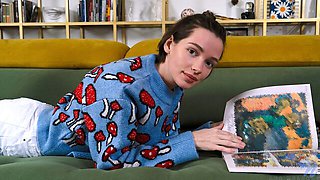 Beautiful slender brunette Ana Moloko stimulates her shaved pussy