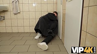 VIP4K. Casual fucking action of the bride in wedding dress and stranger in the bathroom
