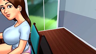 Girl masturbating, under the desk, big boobs