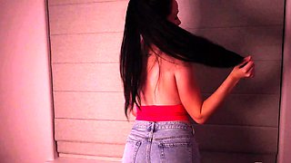 Small titted brunette teen fingering on the bed