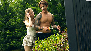 Cute Homemade Girl Fucked with Her Asian Gardener Titus Low in the Backyard of Her House!
