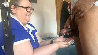 Hot MILF BBW Nurse Loves Black Cock in Her Hands, Interracial Handjob