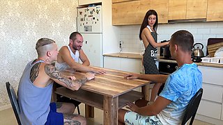 Gangbang - husband lost his wife's pussy at cards - slut fucked on the table - 1.205