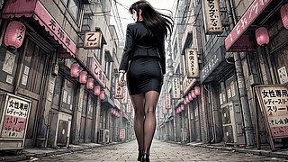 A young Japanese woman urinating in a men's restroom and on the street