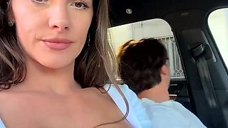 Hottie babe teases thick cock in car with sensual stockings play
