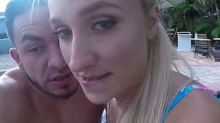 Peter Green and Misha Mynx in outdoor cuckold action by the pool